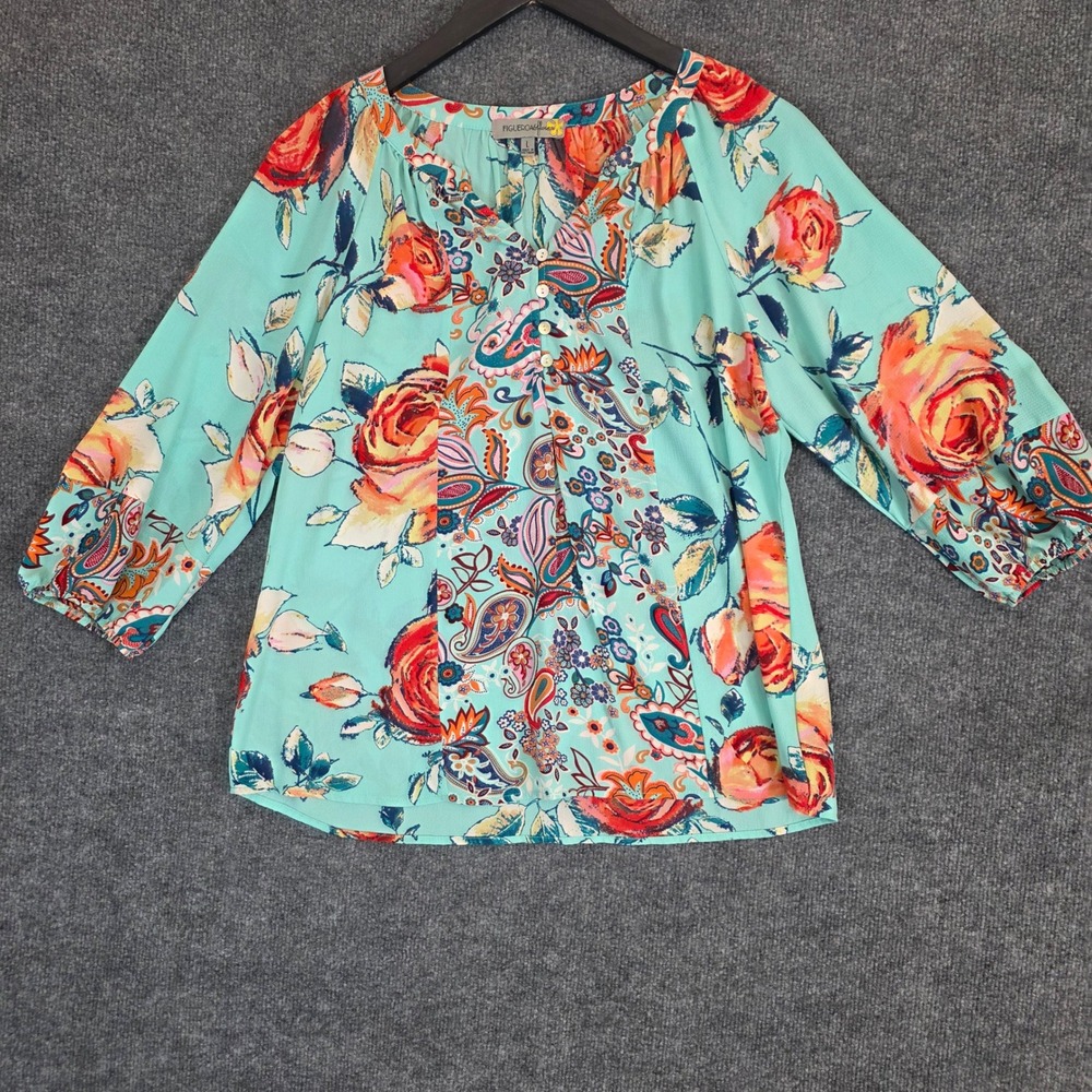 Figueroa & Flower Blouse Large Teal Floral Paisley 3/4 Sleeve V-Neck Button